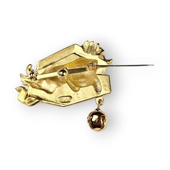 Jj Christmas Cat Brooch Jonette Jewelry Brushed Gold Plate Jingle Bell Vtg 2" - Picture 4 of 7